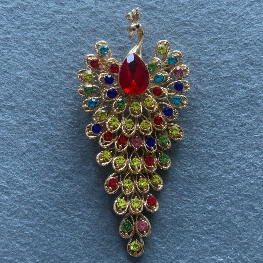 Vintage Style Gold Tone Multi Color Rhinestone Peacock Brooch Pin Large 3.75"